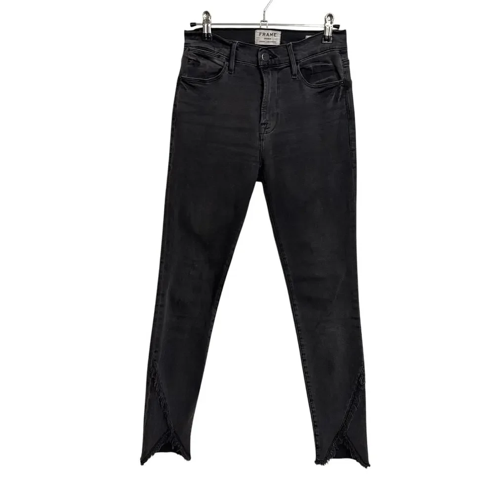FRAME Jeans Womens 27 Black Le High Skinny Quinby Asymmetrical Frayed Hem